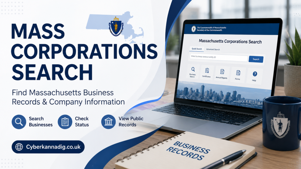 Mass Corporations Search dashboard showing Massachusetts business records and company registration information.